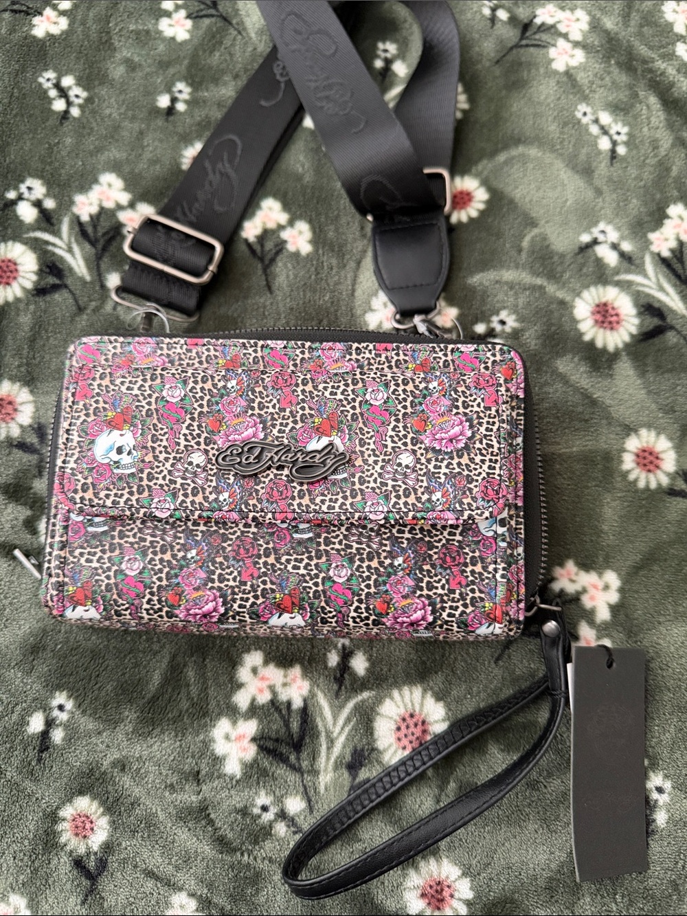 Ed Hardy Floral Leopard Crossbody Wristlet - Pink